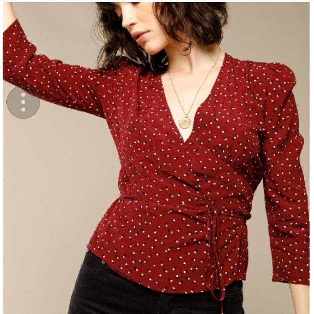 Rouje Paris red wrap v-neck top blouse size 36
